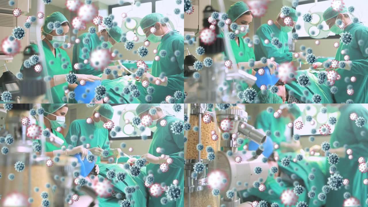 手术室中covid 19病毒细胞在外科医生上的动画