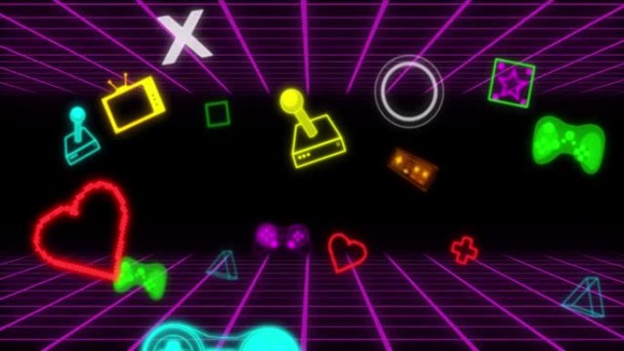 霓虹灯视频游戏数字接口在紫色网格上闪烁的动画