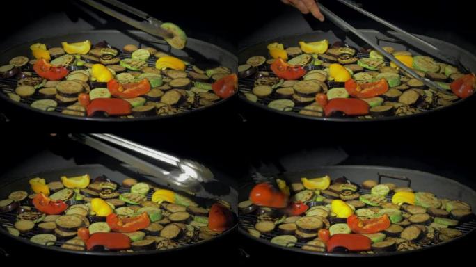 电线架上各种烤蔬菜的特写镜头。
