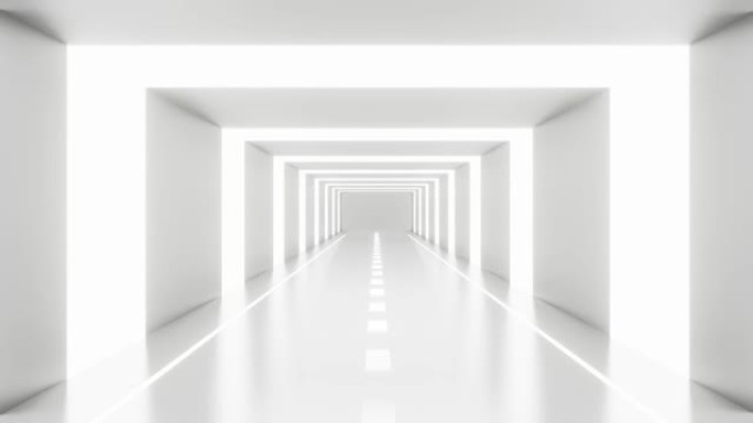 空白白色抽象背景循环的3D动画。背景4k视频3d渲染。运动图形中的未来技术隧道建设。走廊墙。室内现代