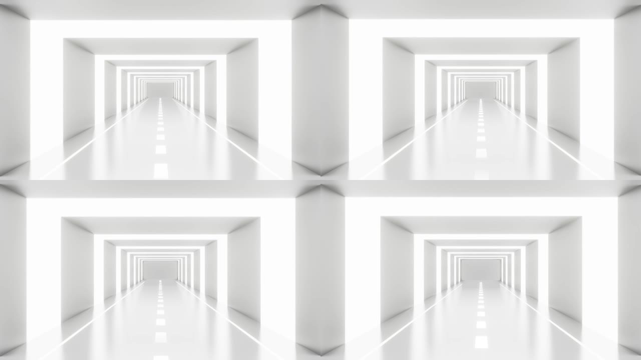 空白白色抽象背景循环的3D动画。背景4k视频3d渲染。运动图形中的未来技术隧道建设。走廊墙。室内现代