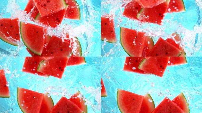 将新鲜西瓜片倒入水中的超慢动作镜头。