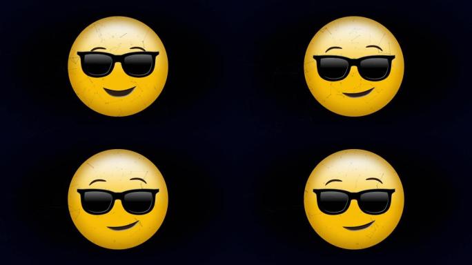 黑色背景上微笑太阳镜表情符号移动的连接网络动画