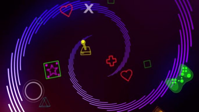 霓虹灯视频游戏的动画数字接口在紫色光迹上闪烁