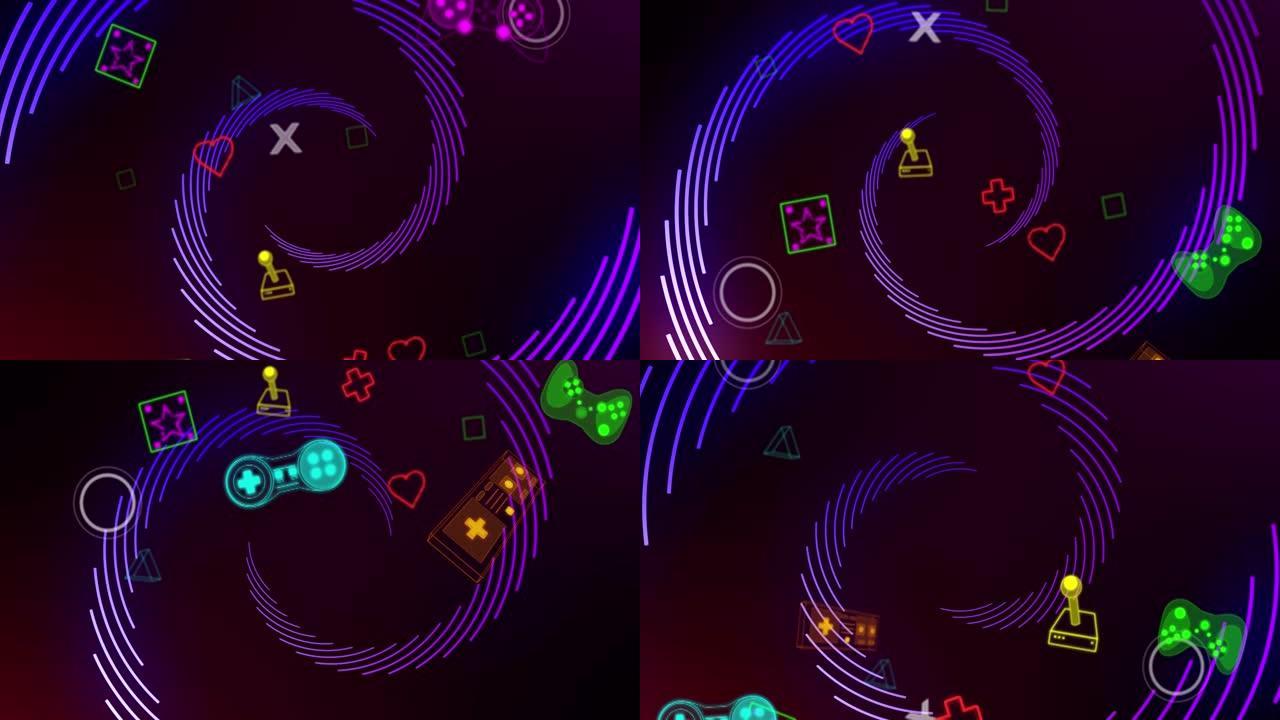 霓虹灯视频游戏的动画数字接口在紫色光迹上闪烁