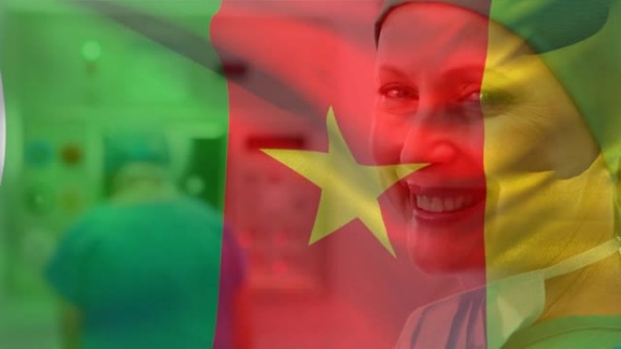 喀麦隆国旗的数字构图挥舞着女外科医生在医院微笑的肖像