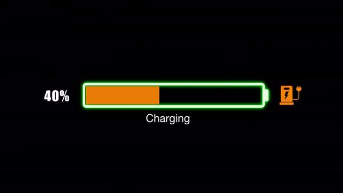 彩色电动汽车汽车充电电池指示进展与百分比显示填充到100%