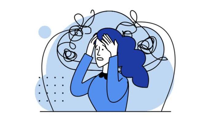 有紧张问题的女人感到焦虑，思想混乱。精神障碍，意识混乱。沮丧的女孩与焦虑触摸的头包围着思考。蓝色。2