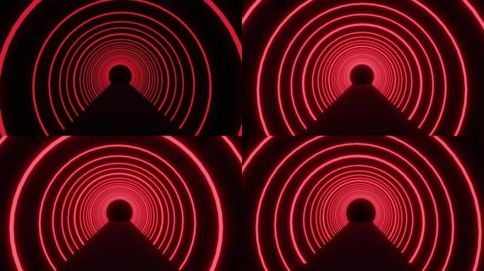 闪烁的红色霓虹灯隧道在黑色背景上移动的动画