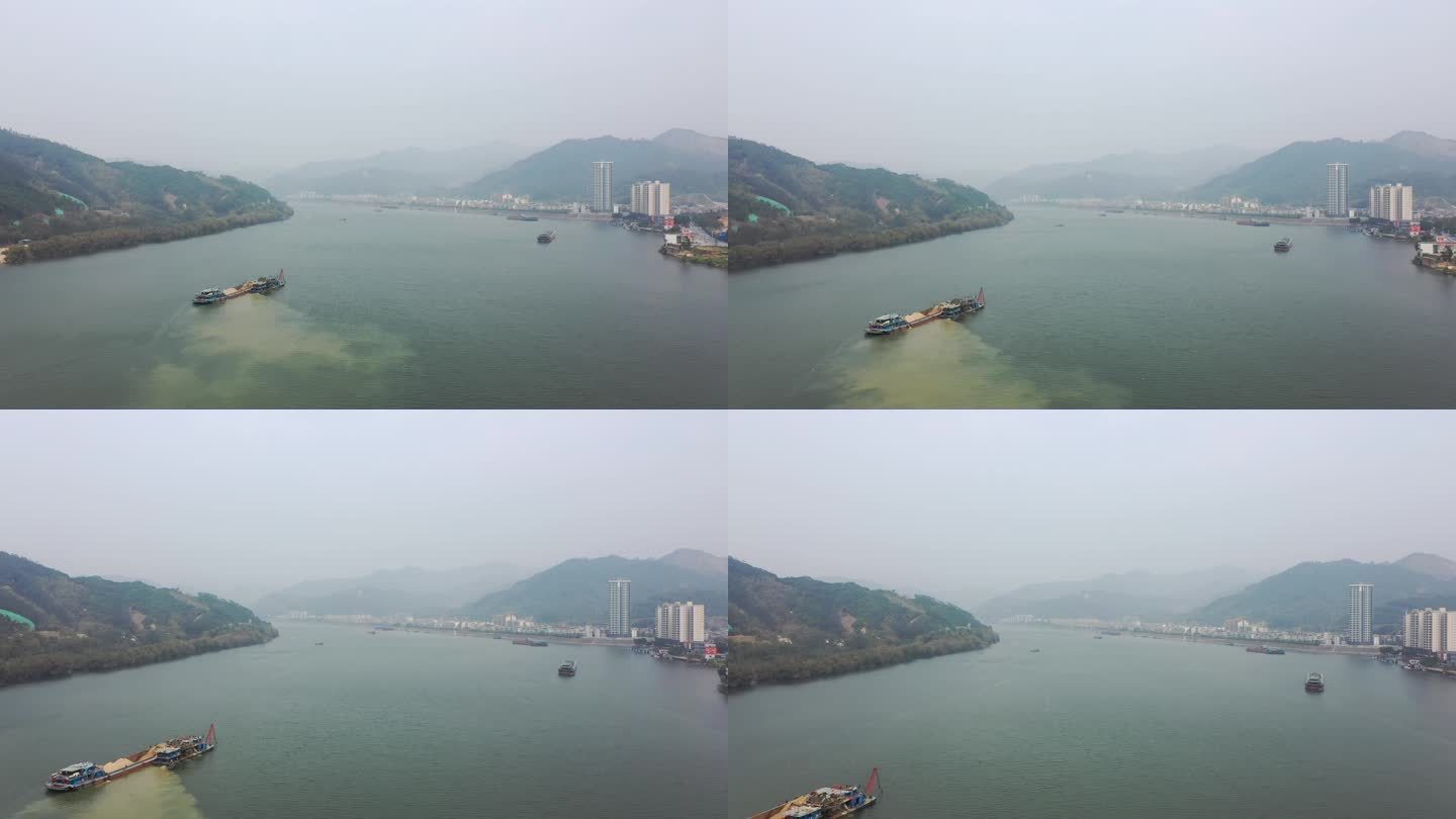 4K航拍广东省英德市北江挖沙船作业