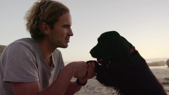 一位年轻的高加索男性在日落时与快乐的狗在海滩上玩耍。男性看着他的狗。高质量4k镜头