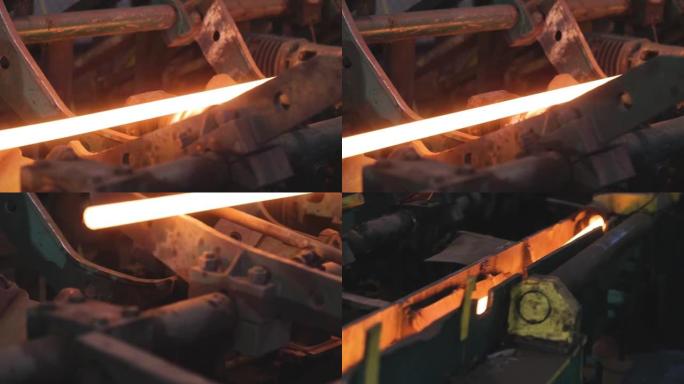 在生产中轧制金属，在热金属带上移动，球生产阶段，在金属轧制厂生产过程，通过闪闪发光的金属辊轧制