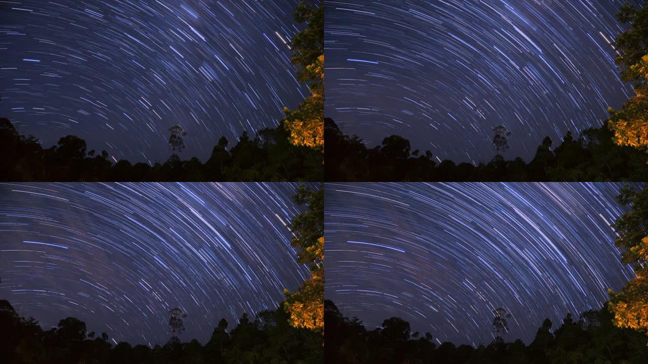 星星踪迹的延时镜头，在夜空中，雨林中的鬃毛塔