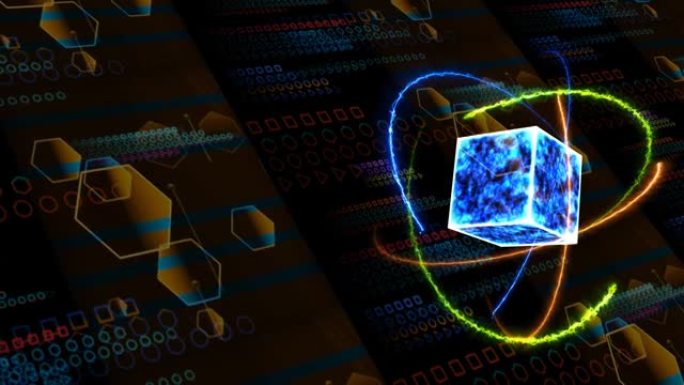 量子计算机核心未来抽象技术数字层维度全息过程与神秘深蓝波立方体空核心能面与原子移动无穷大能量