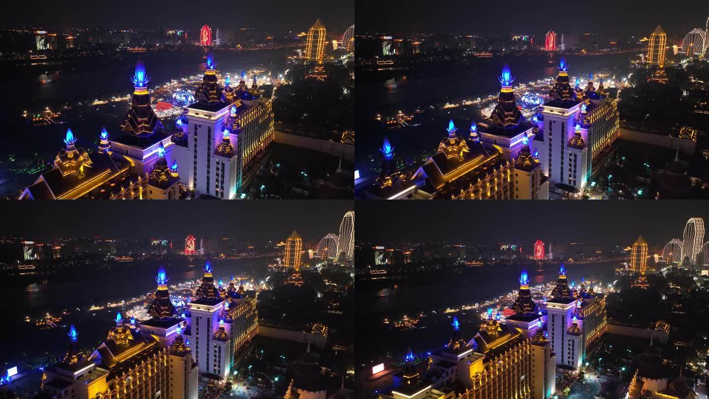 西双版纳湄公河景兰大酒店夜景航拍4k