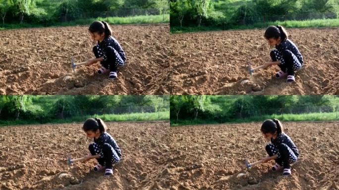小女孩用锄头挖土