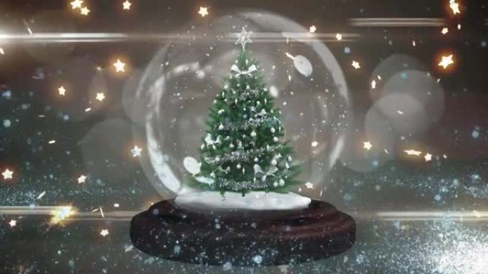在雪球中装饰圣诞树的动画，在黑色上落下发光的星星