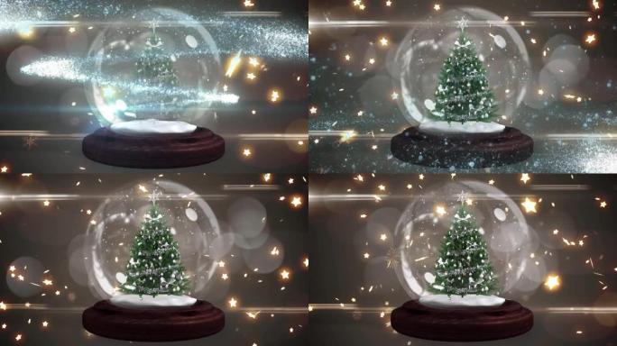 在雪球中装饰圣诞树的动画，在黑色上落下发光的星星