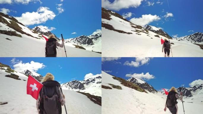 瑞士有登山杖的女孩