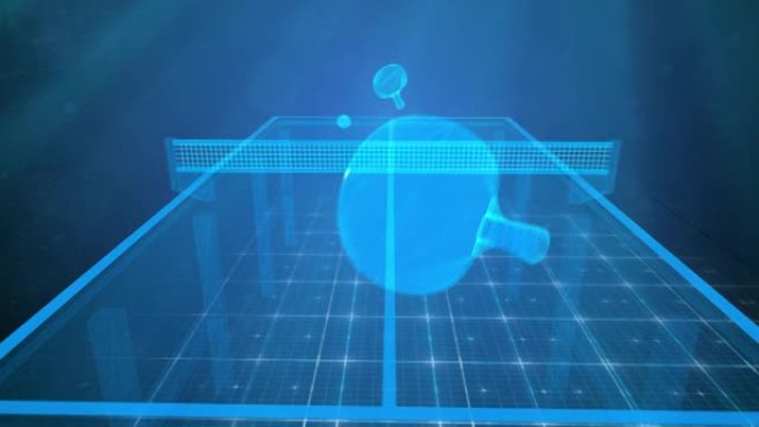 乒乓球游戏高科技全息3D动画。未来派球拍在全息表上来回击打乒乓球。虚拟乒乓球运动游戏无缝循环的数字视