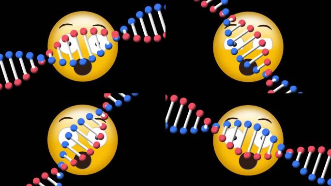 dna结构的数字动画在黑色背景下在惊讶的表情符号上旋转
