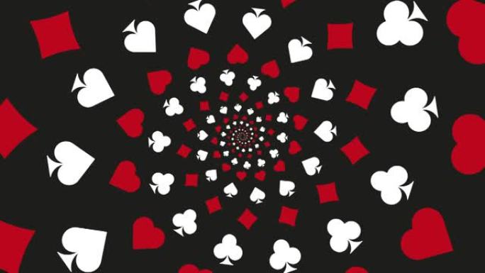 黑色背景上的动画扑克牌符号。简单运动图形螺旋中的钻石、棍棒、心形和黑桃