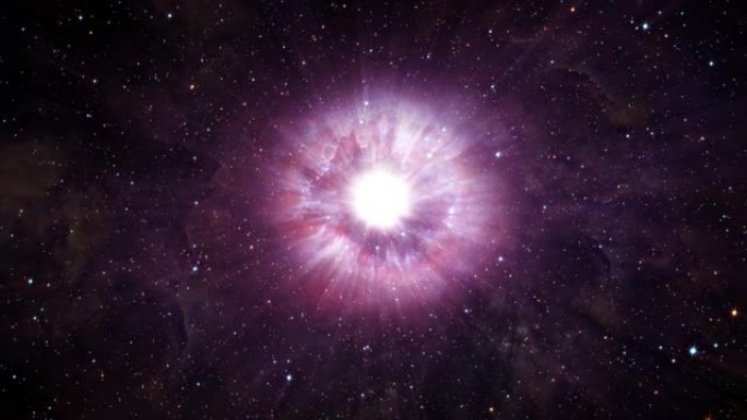 抽象的循环中心发光的巨型恒星光与闪耀的条纹耀斑光与旋转恒星场。4K 3D无缝循环运动，用于天文学科学
