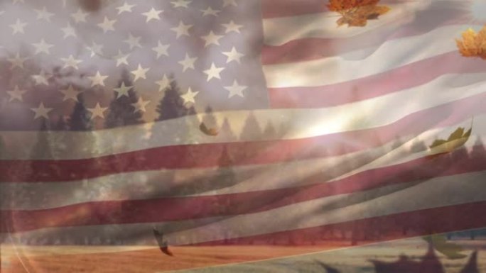 美国国旗和树叶掉落的动画