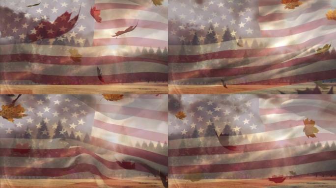 美国国旗和树叶掉落的动画