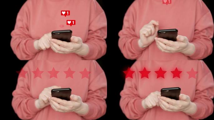 女性在社交网络中按手指。红心与喜欢在屏幕上。在网上投票中，妇女给五颗红星打分。
