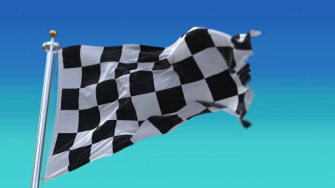 4k方格旗波浪形丝质织物飘动着赛车旗，舞动着布质背景。