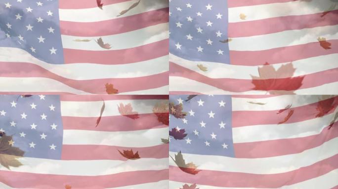 数字构图的美国飘扬的旗帜在秋天的落叶飘落在天空的云