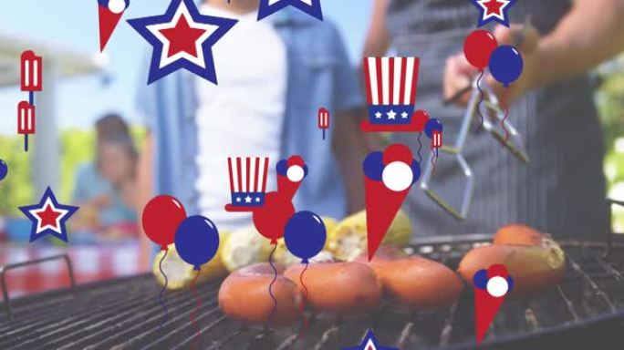 动画的美国国旗彩色装饰，漂浮在家庭烧烤