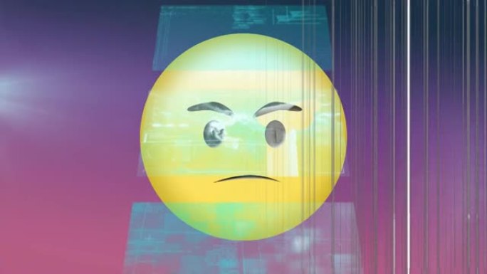 在紫色背景上对愤怒的表情符号进行数据处理的屏幕数字动画