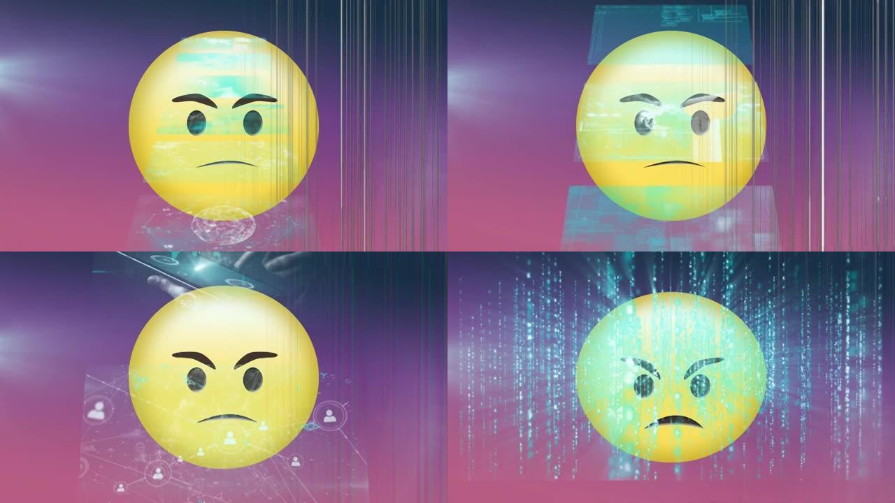 在紫色背景上对愤怒的表情符号进行数据处理的屏幕数字动画