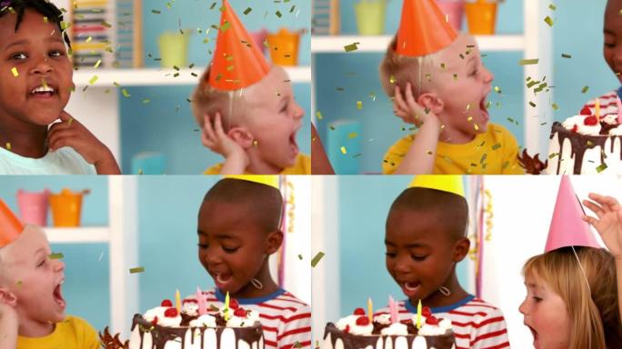 生日派对上带有生日蛋糕的儿童五彩纸屑动画