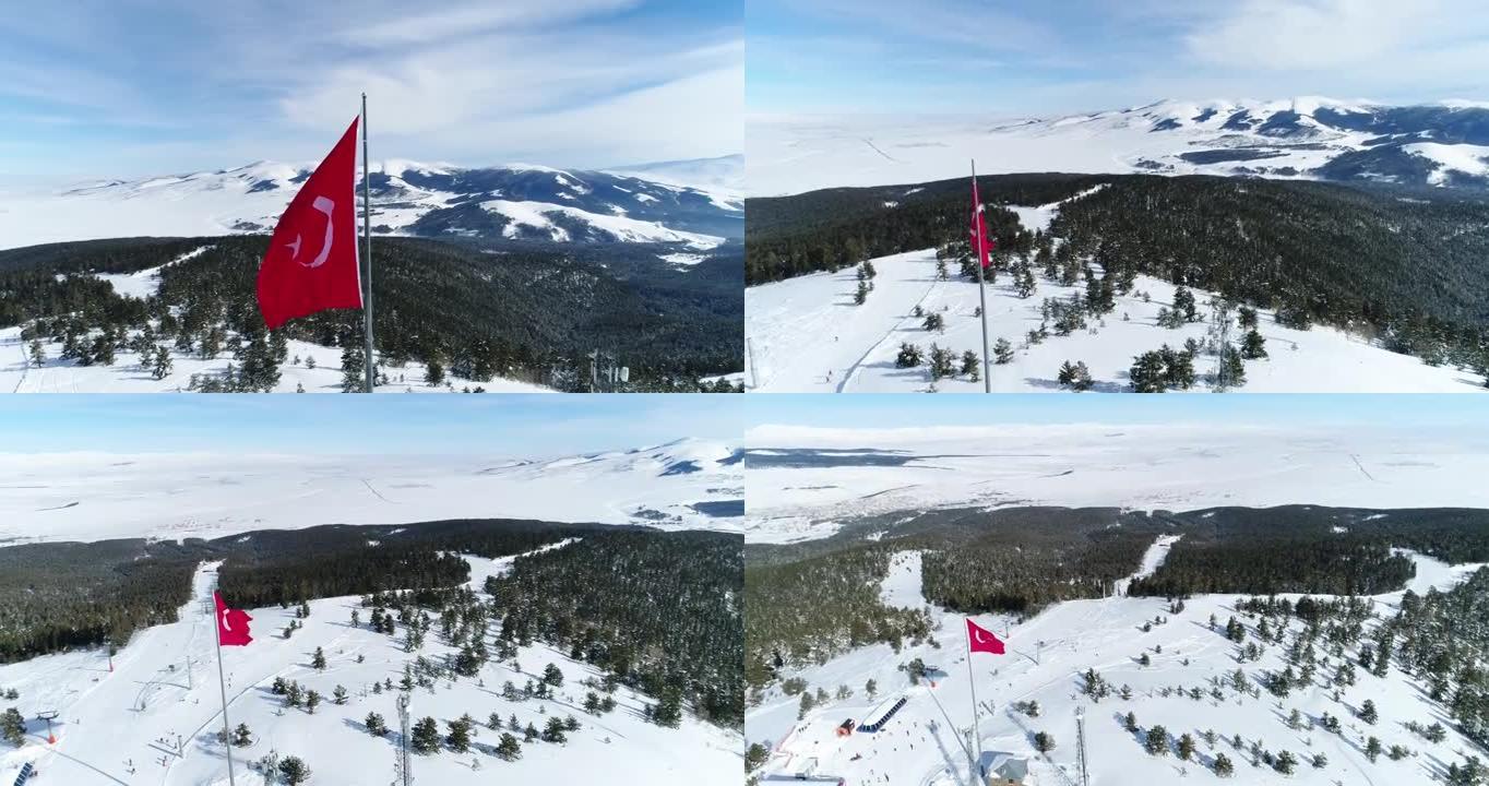 土耳其国旗和雪山鸟瞰图2