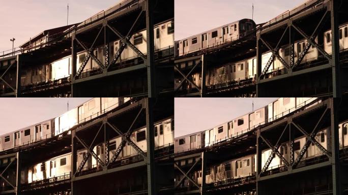 两列高架地铁列车驶过轨道铁轨