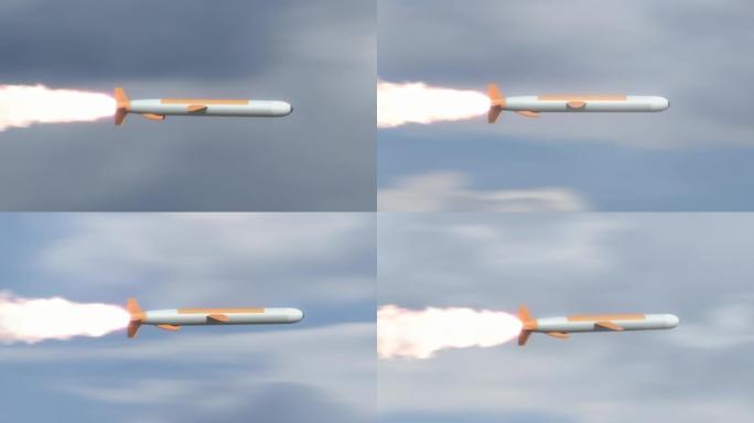 发射的巡航导弹在云中飞行。