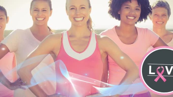 动画粉红色丝带标志与爱的文字和蓝色波浪在不同的微笑的妇女群体