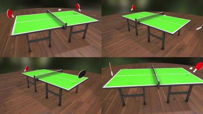 乒乓球游戏的3D动画。红色的小球拍在一张逼真的绿色桌子上来回击打乒乓球。带侧视图的动态动作。虚拟乒乓