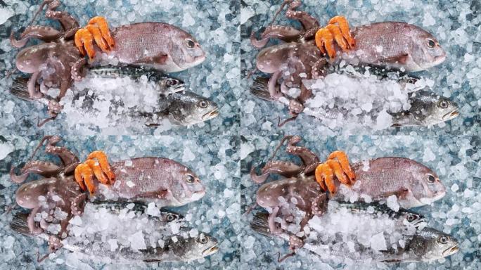 在新鲜海鱼上落下碎冰的超级慢动作镜头