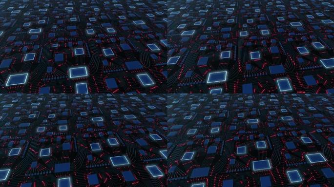 4k抽象蓝色和红色未来派主板原理图与脉动霓虹灯。概念性科幻动画