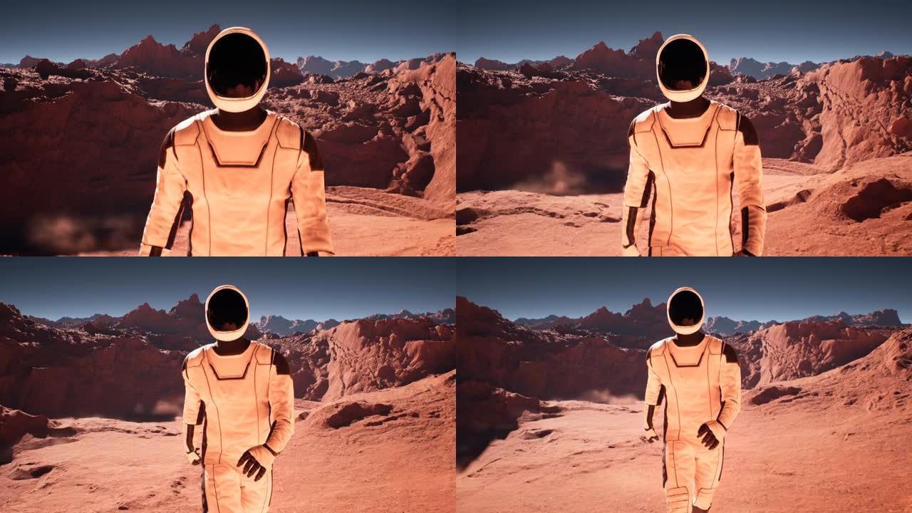 快乐的火星宇航员漫步红色星球火星。宇航员火星人殖民并探索火星。这部动画是为未来主义、科幻和太空旅行而