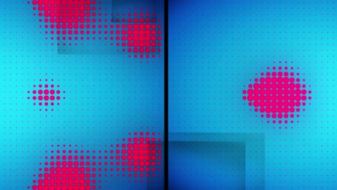 蓝色背景上粉红色像素网格改变大小的分屏动画