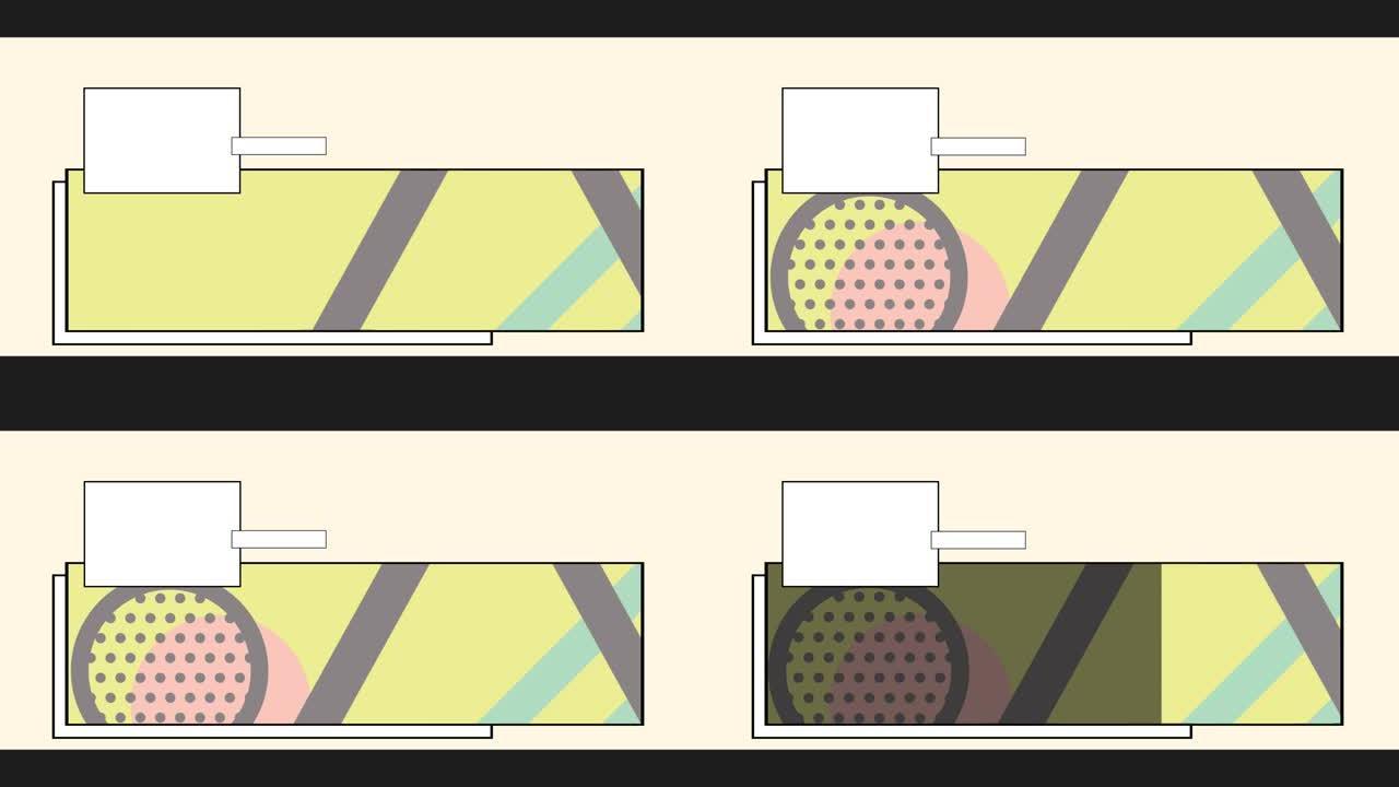 椭圆形框架中柔和的彩色形状的动画，在米色背景上带有复制空间矩形