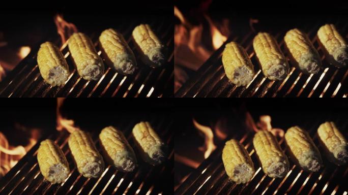 美味的玉米棒在热烤架上油炸