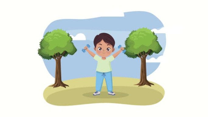 森林动画中的小男孩举起哑铃