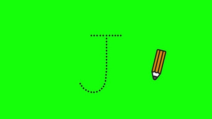 英语字母表写作教程。用隔离在绿色屏幕上的铅笔追踪字母J。儿童字母J顺序书写的动画字母样本