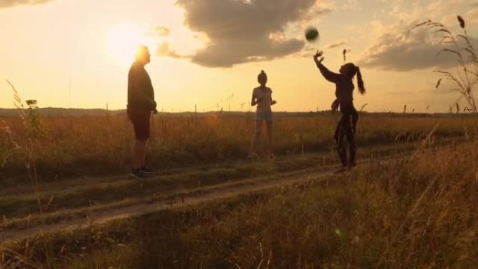 一群年轻人在日落时在球场上打排球。